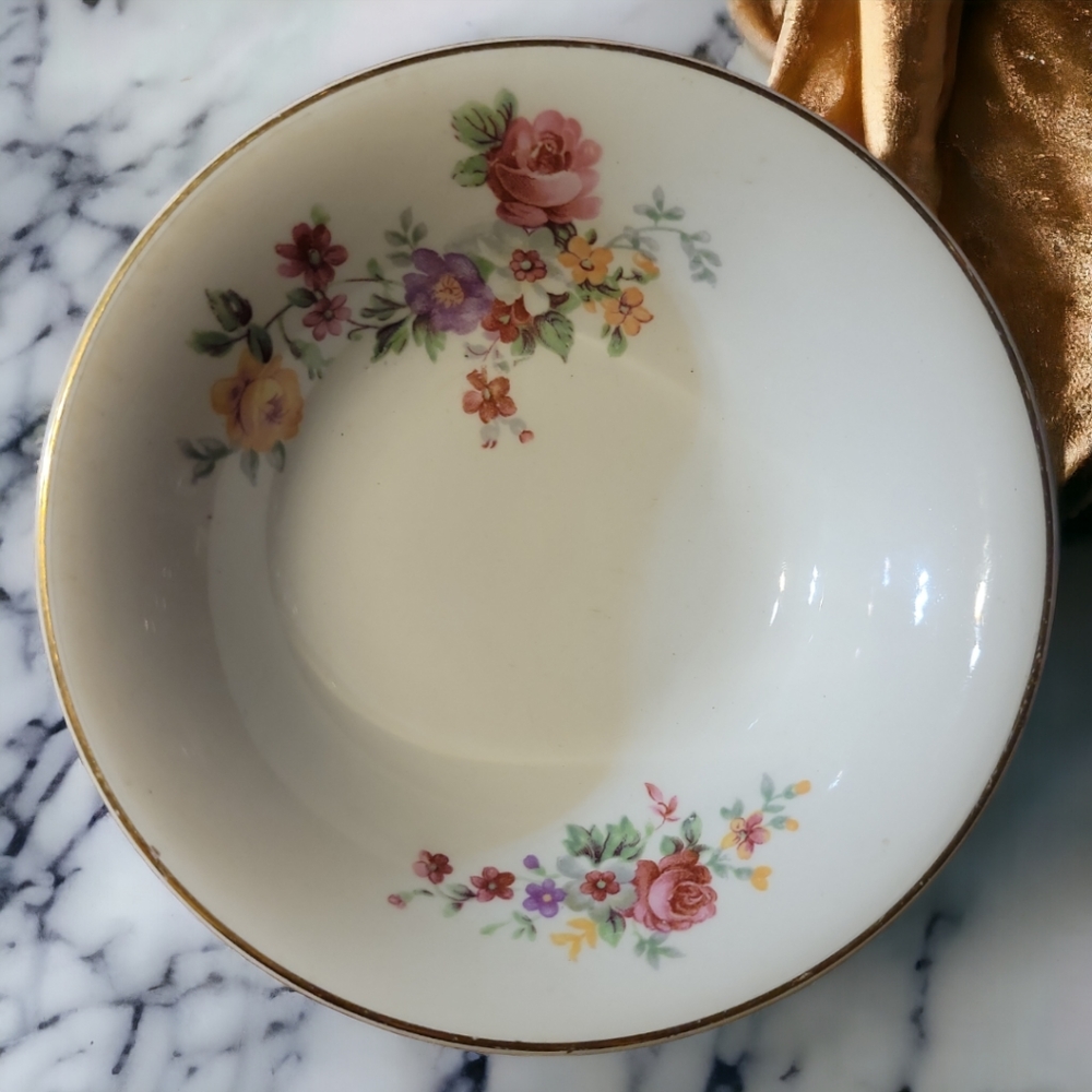 2 Edwin M. Knowles Floral Flowers Gold Rim Porcelain Roses  Fruit Dessert Bowls